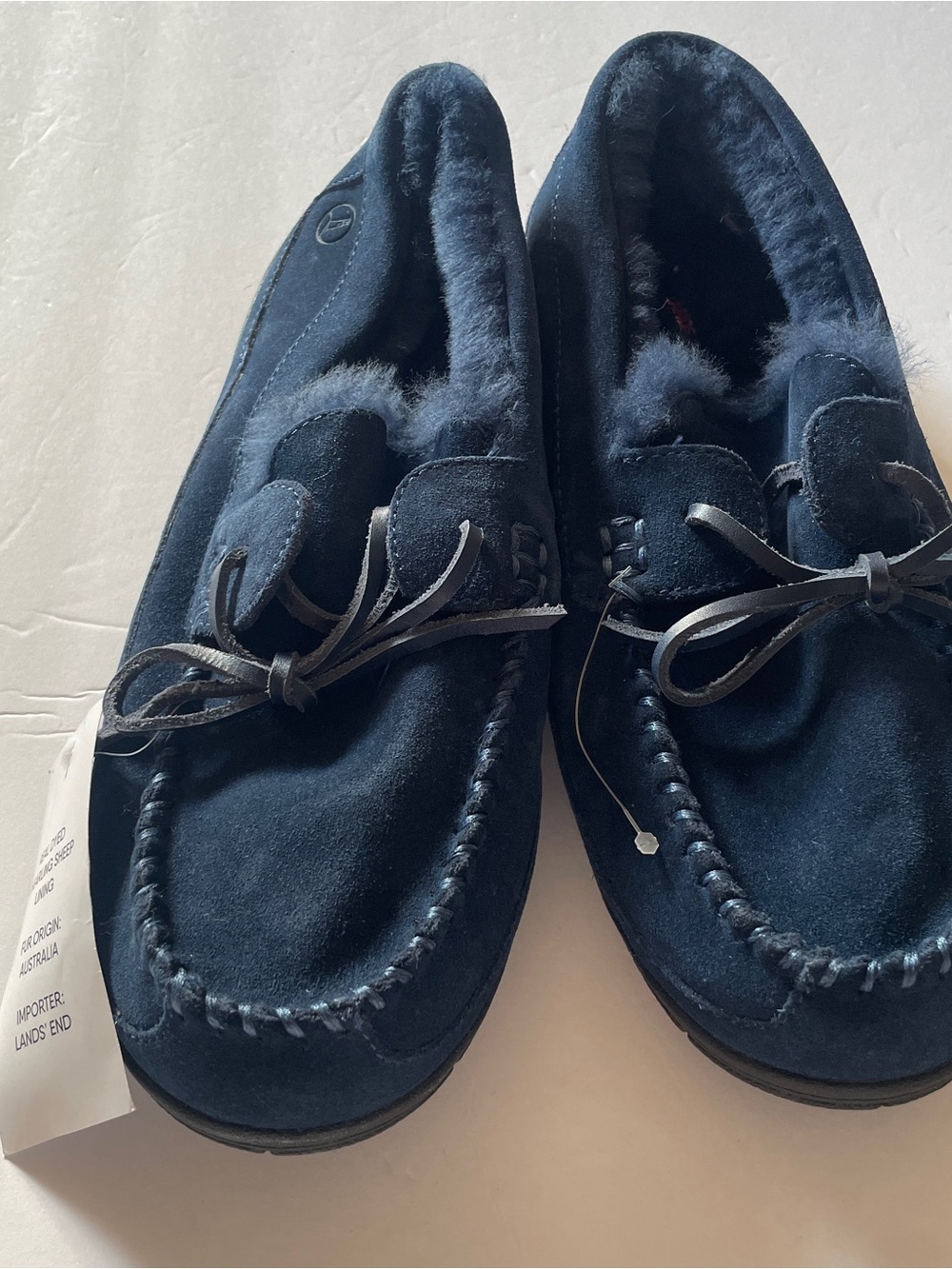 Lands' End NWT Men's Navy Suede Moccasin Slippers/Driving Shoes with Shearling